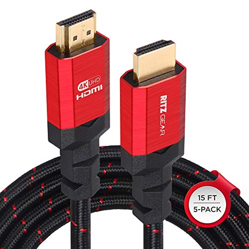 RitzGear 4K HDMI Cables | 5-Pack of 15 Ft. High-Speed 18Gbps HDMI 2.0 Connectors | Durable Braided Nylon, Gold Plating, 4K @ 60Hz Ultra HD, 3D, 2160p, 1080p & Ethernet Support for TV, Laptop & Gaming