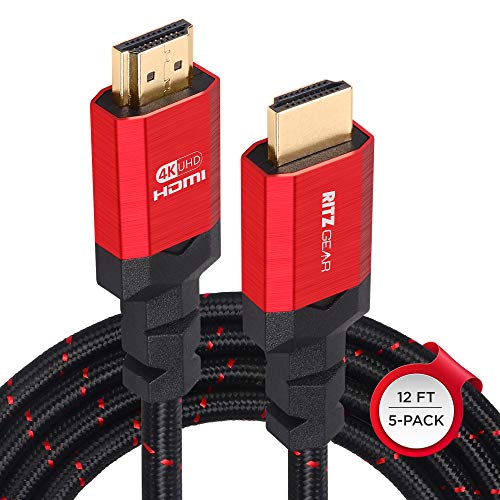 RitzGear 4K HDMI Cables | 5-Pack of 12 Ft. High-Speed 18Gbps HDMI 2.0 Connectors | Durable Braided Nylon, Gold Plating, 4K @ 60Hz Ultra HD, 3D, 2160p, 1080p & Ethernet Support for TV, Laptop & Gaming