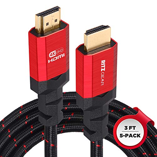 Ritz Gear 4K HDMI Cables | 5-Pack of 3 Ft. High-Speed 18Gbps HDMI 2.0 Connectors | Durable Braided Nylon, Gold Plating, 4K @ 60Hz Ultra HD, 3D, 2160p, 1080p & Ethernet Support for TV, Laptop & Gaming